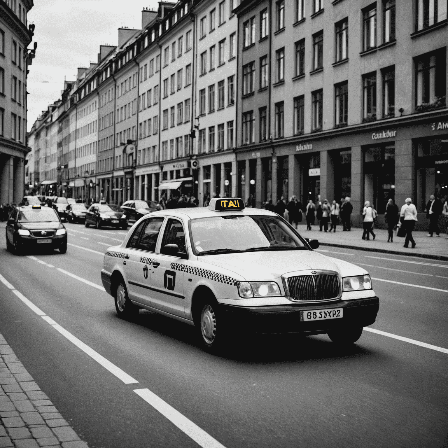 En svartvit bild av en modern taxi som kör genom en stadsgata i Stockholm, med Autosafes logotyp subtilt synlig på fordonets sida