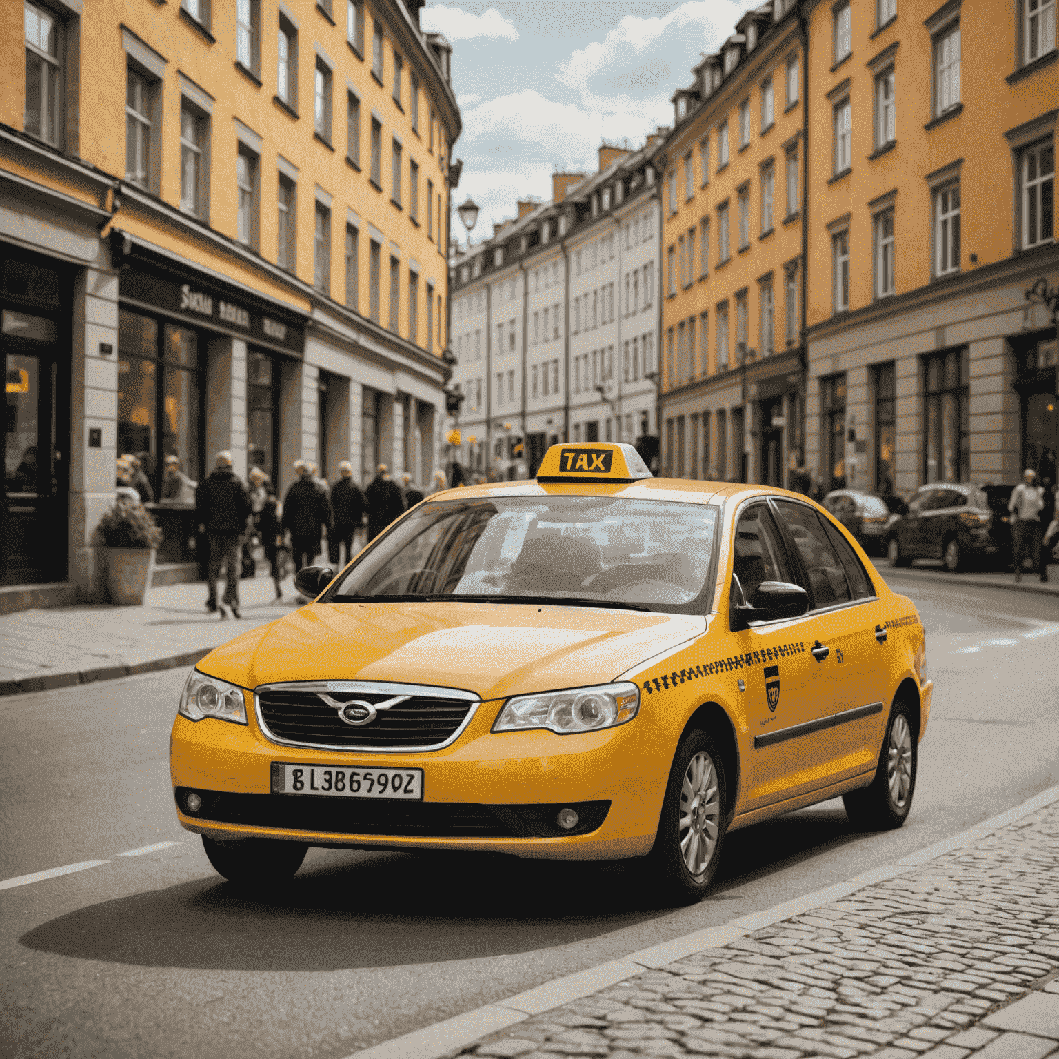 En taxi som kör på en svensk stadsgata med försäkringsdokument synliga i förarsätet