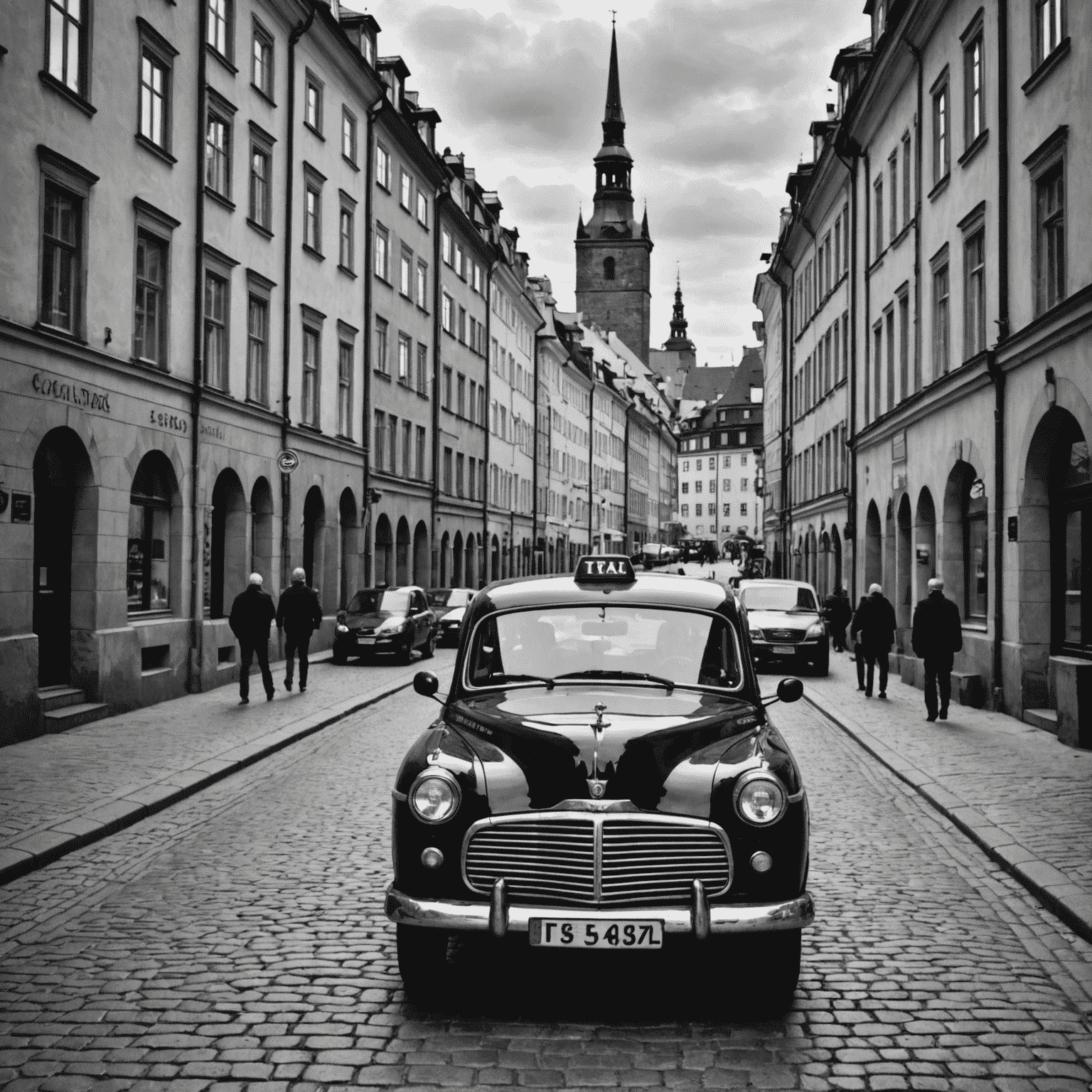 En svartvit bild av en taxibil som kör på en stadsgata i Stockholm, med Gamla Stan i bakgrunden. Bilden illustrerar den unika miljö som taxiförare arbetar i och behovet av specialiserad försäkring.