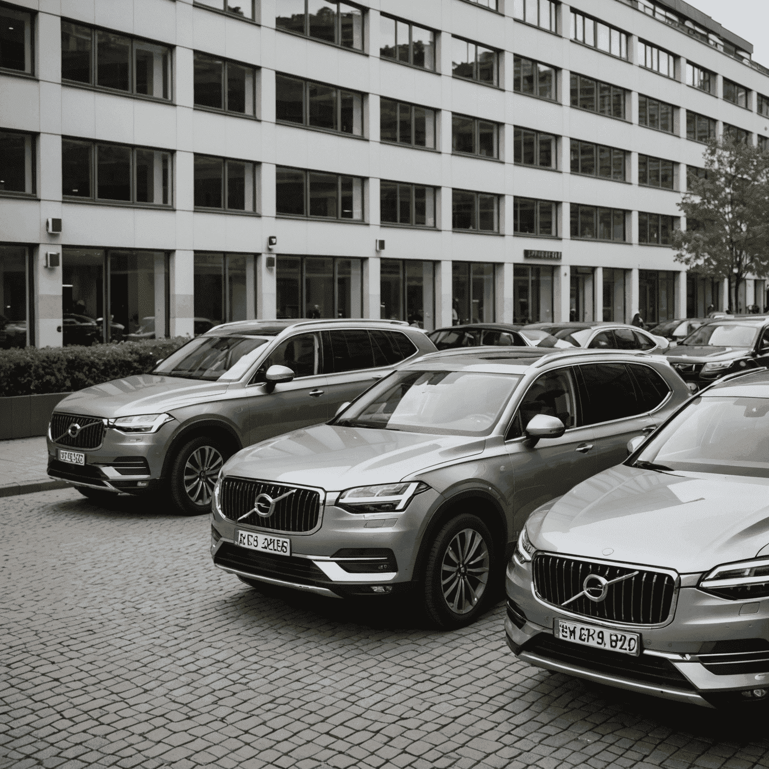 En svensk företagsbilflotta parkerad utanför ett modernt kontorsbyggnad i Stockholm. Bilarna är en blandning av sedaner och SUV:ar i olika nyanser av grått och silver, vilket representerar en typisk svensk företagsflotta.