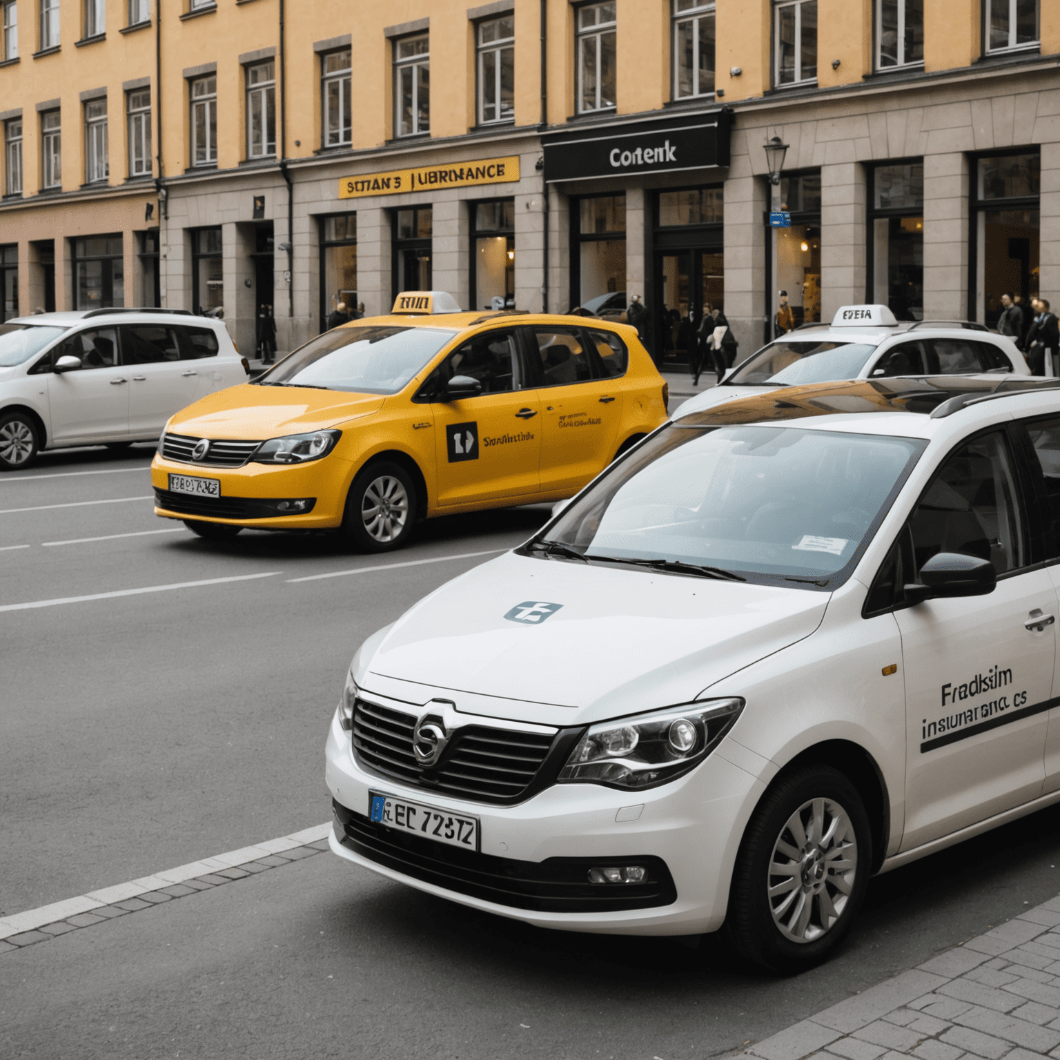 En svensk taxi och en företagsbil parkerade sida vid sida på en stadsgata i Stockholm. Bilden illustrerar de olika typerna av kommersiella fordon som omfattas av denna försäkringsanalys.