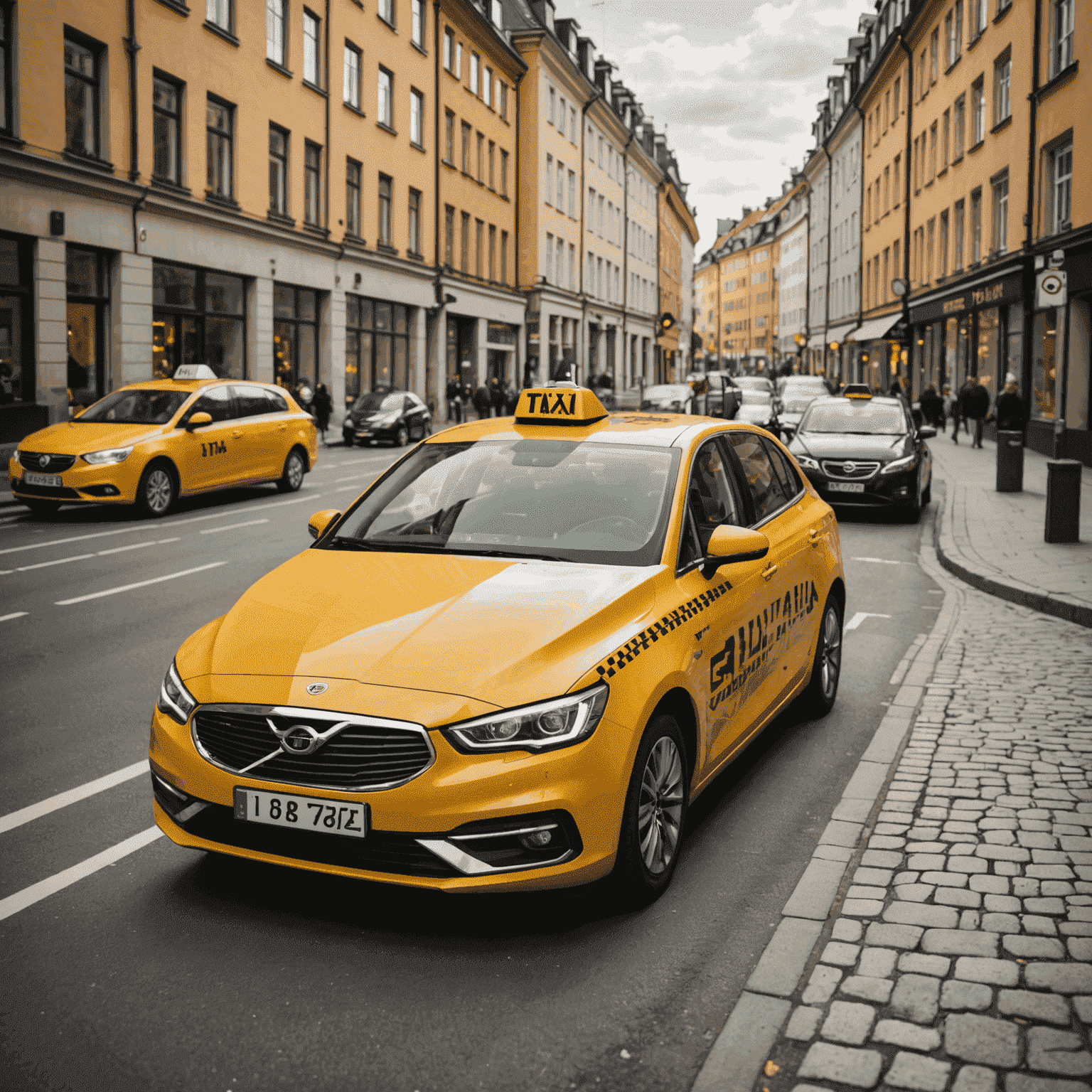 En modern taxi utrustad med avancerad telematik och AI-system, körandes på en svensk stadsgata. Grafiska element visar dataöverföring och realtidsanalys.