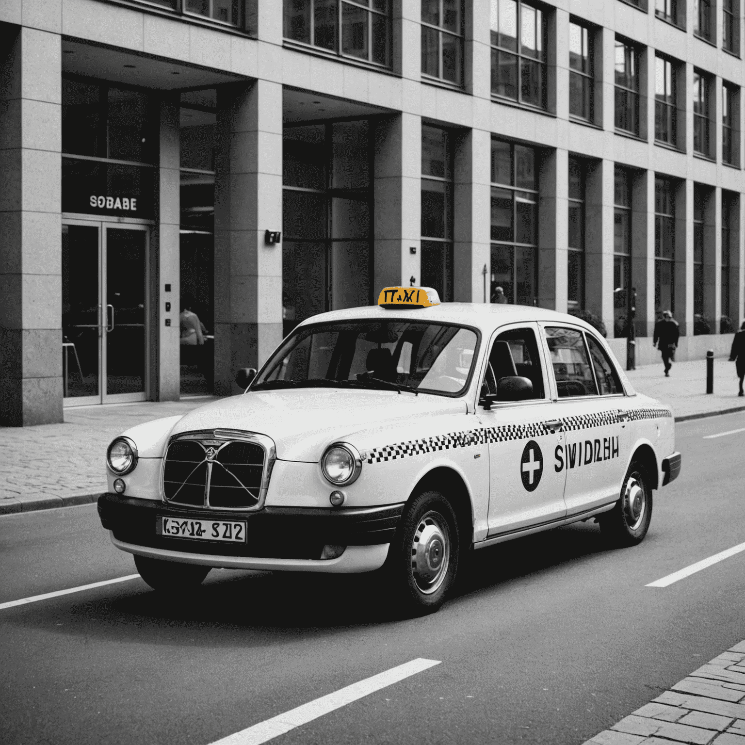 En svartvit bild av en svensk taxibil parkerad framför en modern kontorsbyggnad i Stockholm, som symboliserar mötet mellan taxiverksamhet och försäkringsreglering