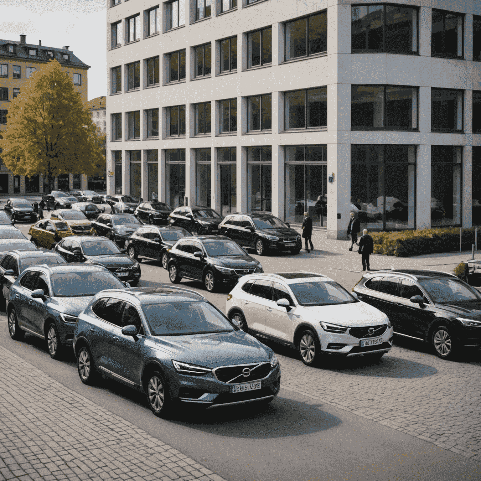 En företagsbilsflotta parkerad utanför ett svenskt kontorsbyggnad med försäkringsagenter som diskuterar policyer