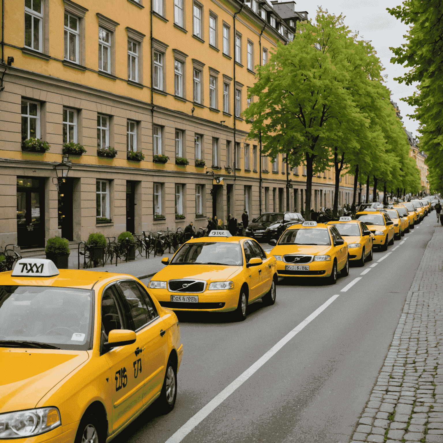 En rad av gula taxibilar på en typisk svensk stadsgata. Bilarna är rena och välskötta, med tydliga taxiskyltar. I bakgrunden syns traditionell svensk arkitektur och gröna träd, vilket ger en känsla av en svensk stadsmiljö.