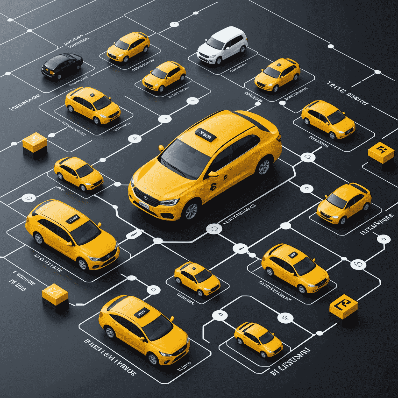 En visualisering av en blockkedja som sammankopplar olika aspekter av försäkringsprocessen för taxiflottor, med ikoner som representerar fordon, försäkringsavtal och skadeanmälningar.