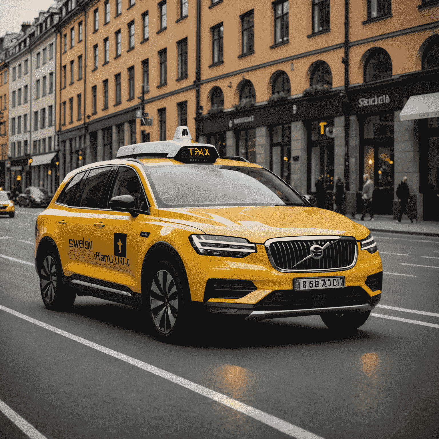 En futuristisk bild av en svensk taxi utrustad med avancerad telematik och AI-system