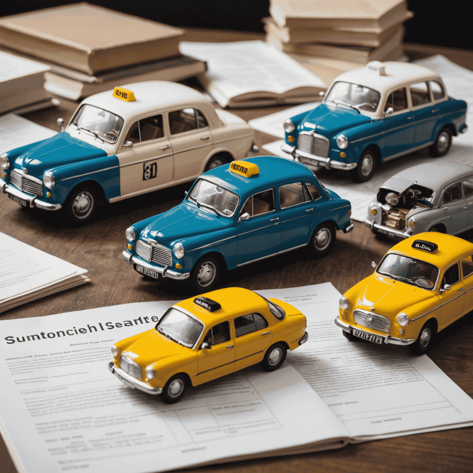 En bild av svenska lagböcker och försäkringsdokument med en miniatyr taxi och företagsbil
